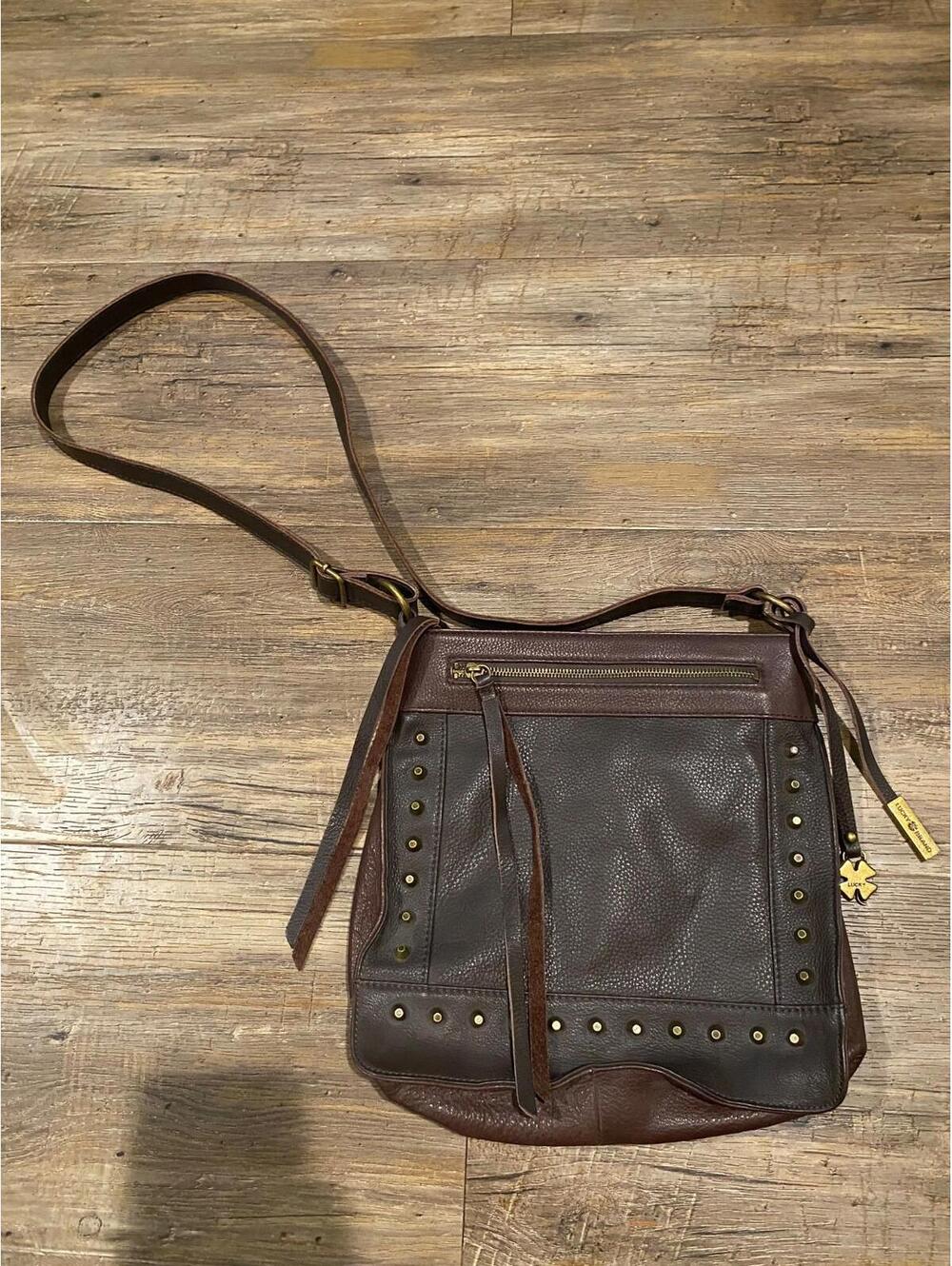Lucky Brand Crossbody Brown Leather Purse Shoulder Bag Boho Hipster Studded